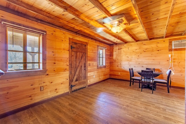 dining area featuring wooden ceiling, wood finished floors, and a healthy amount of sunlight