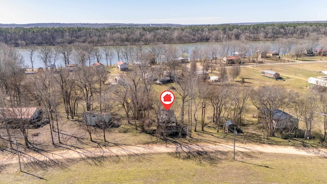 aerial view with a water view and a view of trees