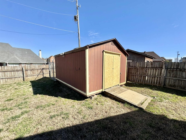 view of shed with a fenced backyard