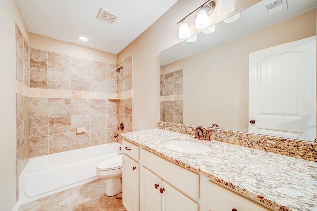 full bath with visible vents, shower / tub combination, vanity, and toilet