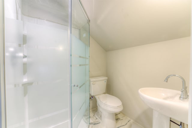 bathroom featuring a stall shower, a sink, lofted ceiling, and toilet