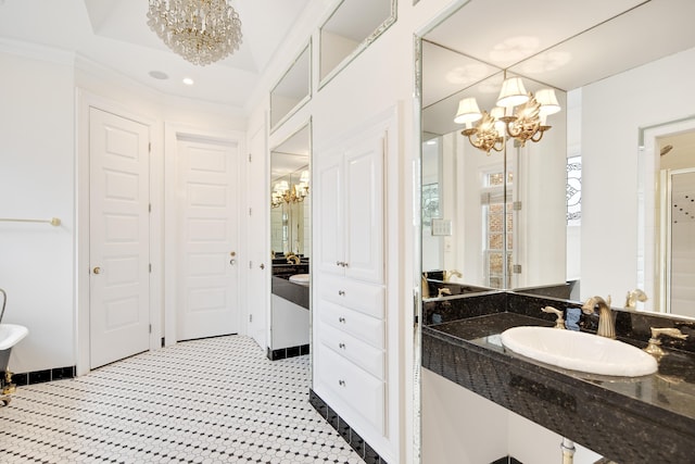 full bath with crown molding, recessed lighting, an enclosed shower, and an inviting chandelier