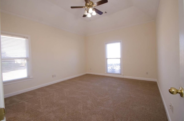 carpeted empty room with crown molding, a raised ceiling, a ceiling fan, and baseboards