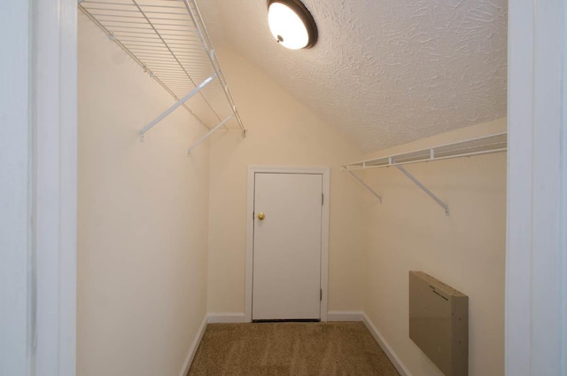 walk in closet featuring carpet floors and vaulted ceiling