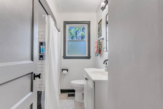 full bath with curtained shower, toilet, vanity, tile patterned floors, and crown molding