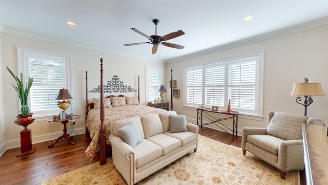 bedroom featuring ornamental molding, recessed lighting, baseboards, and hardwood / wood-style flooring