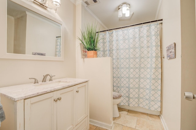 full bath featuring visible vents, toilet, stone finish flooring, crown molding, and vanity