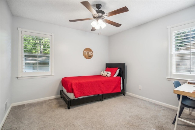 bedroom featuring carpet, multiple windows, and baseboards