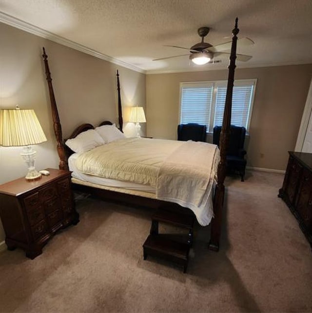 bedroom with light carpet, baseboards, ceiling fan, ornamental molding, and a textured ceiling