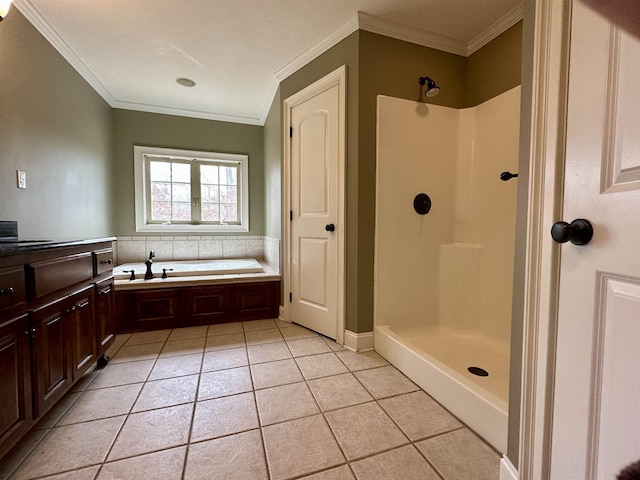 bathroom featuring a shower, tile patterned flooring, crown molding, and a bath