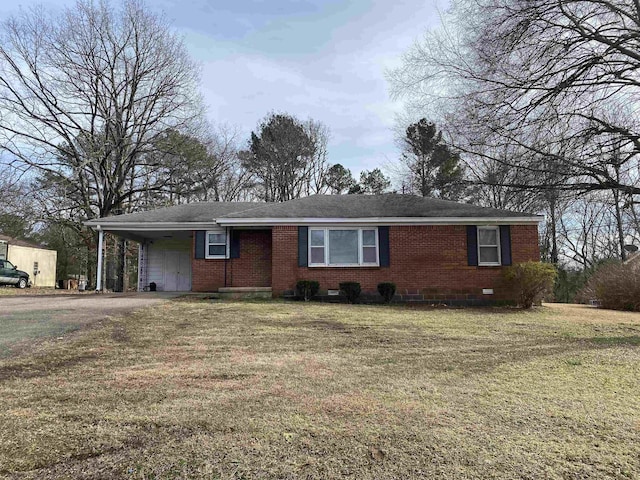 single story home featuring crawl space, a front lawn, a carport, and brick siding