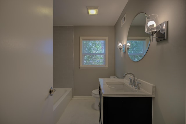 bathroom featuring vanity, toilet, baseboards, and visible vents