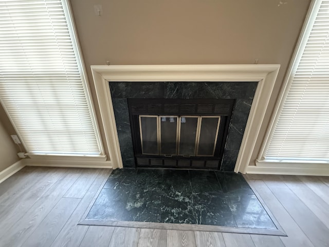 details with a premium fireplace, wood finished floors, and baseboards