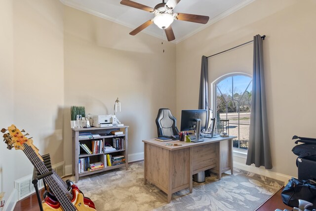 14029 Knightsbridge Ln, Olive Branch, MS 38654 - office area featuring baseboards, visible vents, ceiling fan, and crown molding