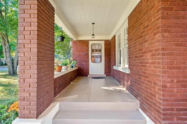 view of exterior entry with a porch and brick siding