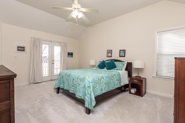 bedroom with lofted ceiling, access to exterior, light carpet, and baseboards