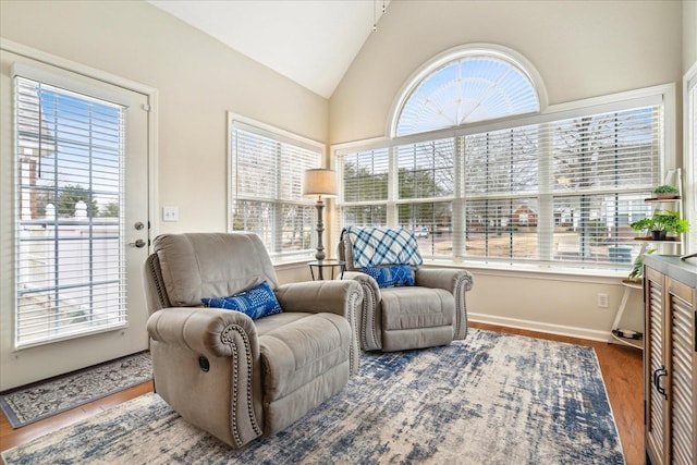 living area featuring lofted ceiling, wood finished floors, and baseboards