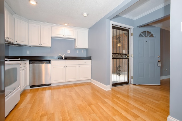 kitchen with light wood-type flooring, white electric stove, white cabinetry, and stainless steel dishwasher