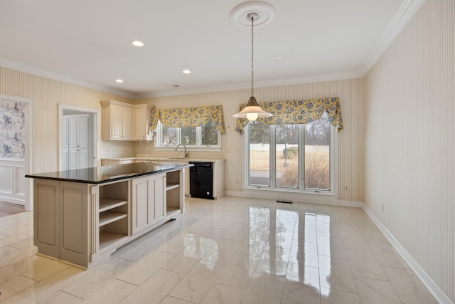 kitchen featuring open shelves, black dishwasher, crown molding, and wallpapered walls