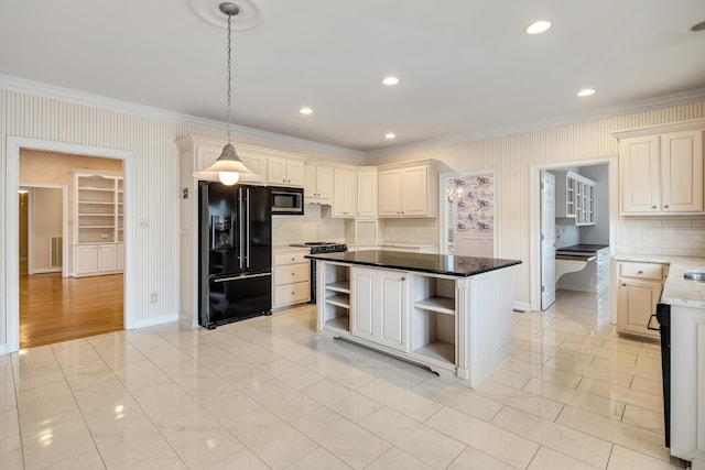 kitchen featuring open shelves, black appliances, ornamental molding, and pendant lighting