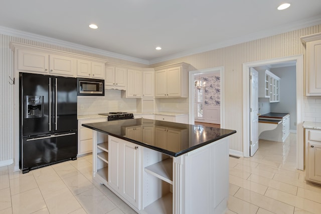 kitchen with a kitchen island, open shelves, built in microwave, backsplash, and black fridge