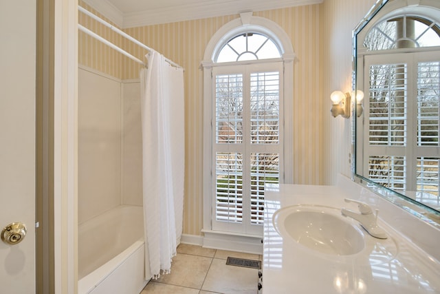 bathroom featuring visible vents, wallpapered walls, crown molding, tile patterned floors, and shower / bath combination with curtain