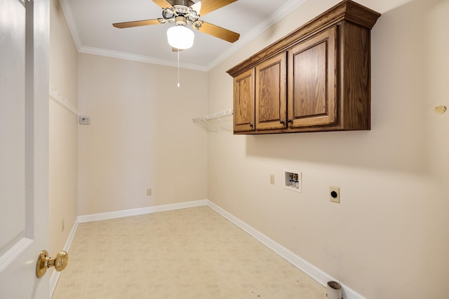 clothes washing area featuring hookup for a washing machine, electric dryer hookup, baseboards, and ornamental molding