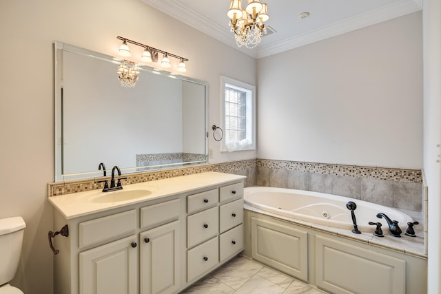 full bathroom with a chandelier, toilet, ornamental molding, a tub with jets, and marble finish floor