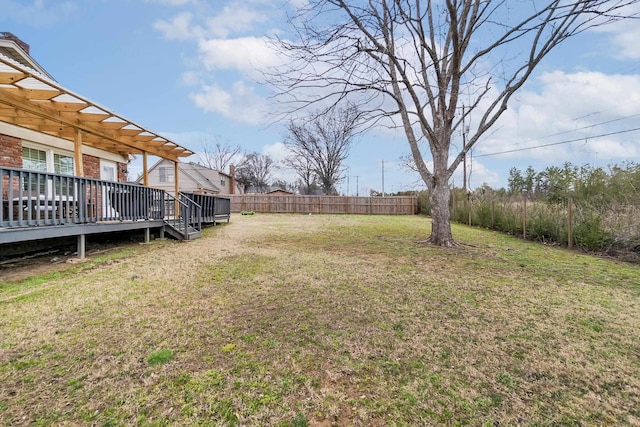 view of yard featuring a wooden deck and fence