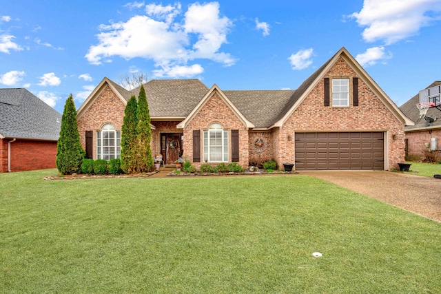 view of front of house featuring brick siding, a shingled roof, concrete driveway, a front yard, and a garage