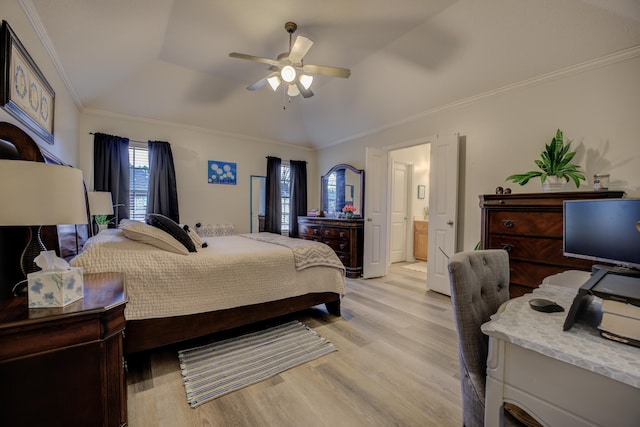 bedroom featuring crown molding, a ceiling fan, light wood finished floors, and connected bathroom