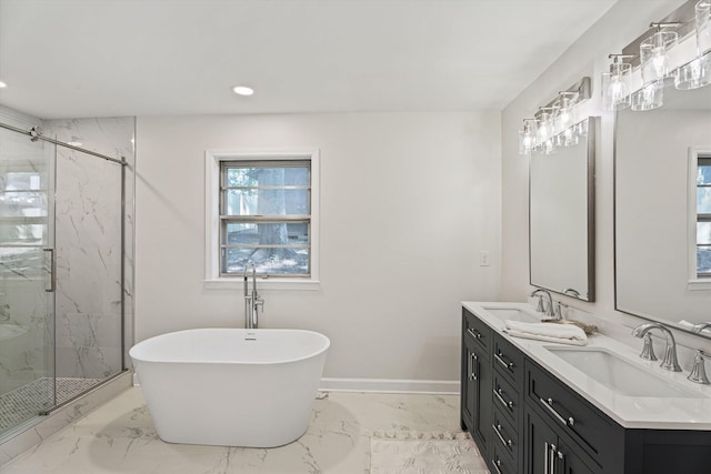 full bathroom featuring a sink, a marble finish shower, baseboards, and marble finish floor