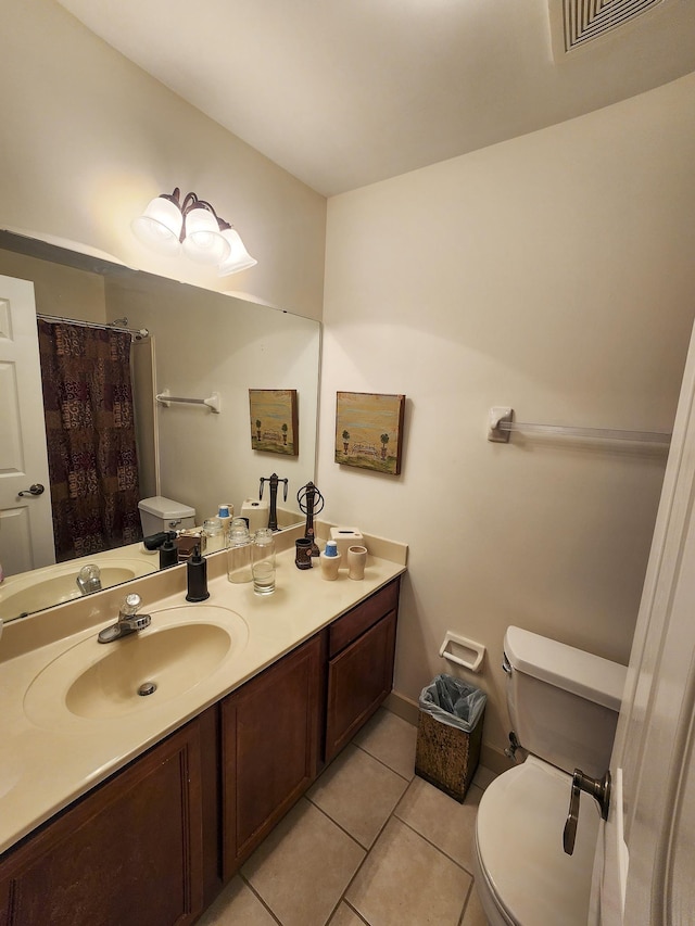 full bath with tile patterned flooring, toilet, vanity, and visible vents