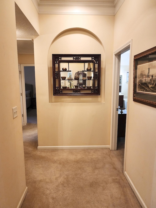 hallway with baseboards, crown molding, and carpet