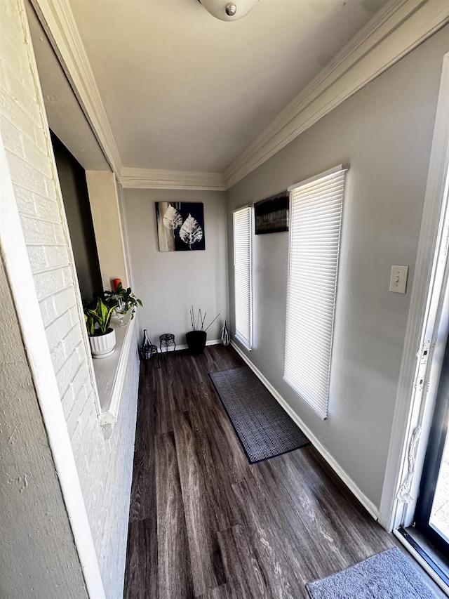 foyer featuring baseboards, wood finished floors, and crown molding