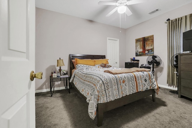 carpeted bedroom featuring visible vents, ceiling fan, and baseboards