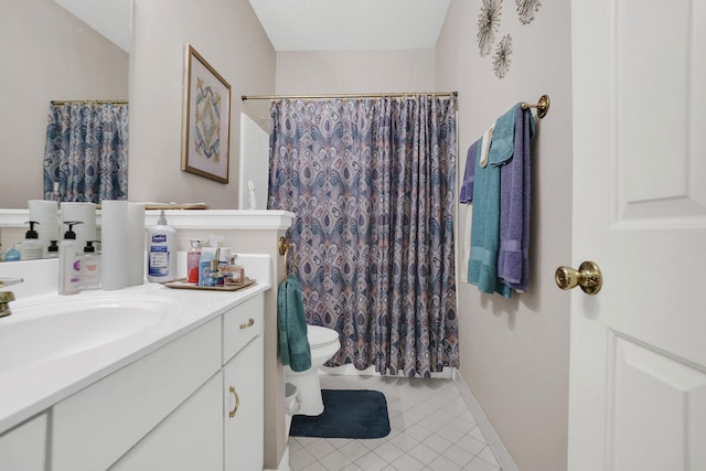 full bath featuring baseboards, toilet, a shower with curtain, tile patterned floors, and vanity