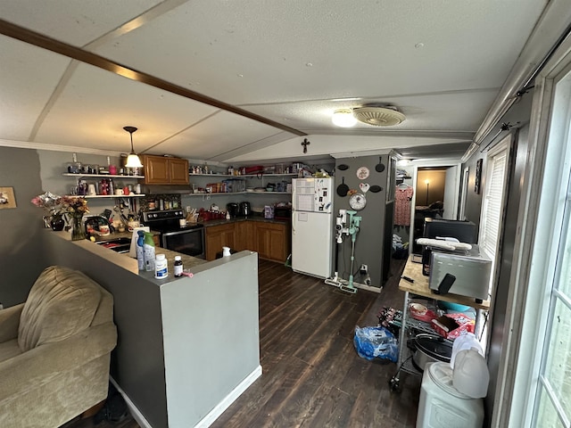 kitchen with open shelves, dark wood-style flooring, freestanding refrigerator, vaulted ceiling, and stainless steel range with electric stovetop