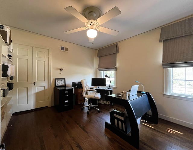 office space with dark wood-type flooring, plenty of natural light, and visible vents