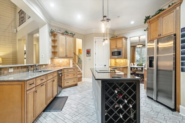 kitchen with open shelves, a sink, appliances with stainless steel finishes, crown molding, and brick floor