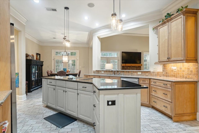 kitchen with visible vents, ornamental molding, tasteful backsplash, a kitchen island, and brick floor