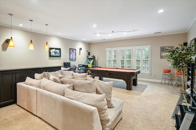 recreation room featuring recessed lighting, baseboards, light colored carpet, and ornamental molding