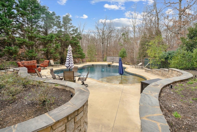 view of swimming pool featuring a patio area and a fenced in pool