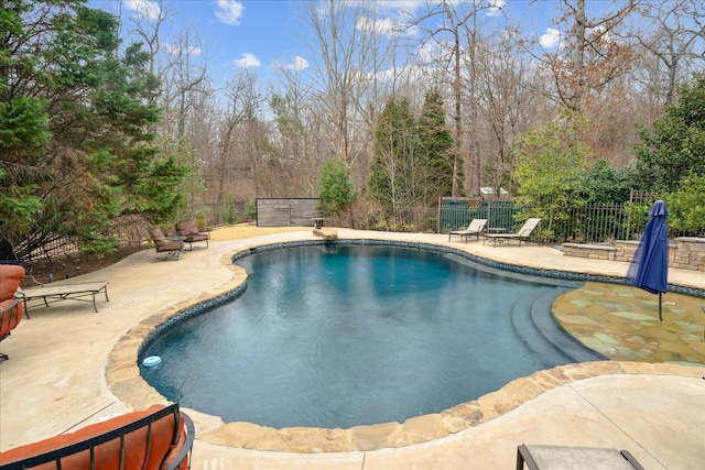 view of swimming pool with a patio, fence, and a fenced in pool