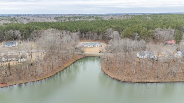 birds eye view of property with a forest view and a water view