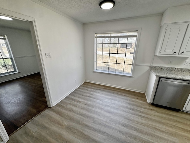 unfurnished dining area featuring a healthy amount of sunlight, light wood-type flooring, and a textured ceiling