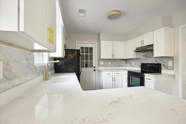 kitchen with tasteful backsplash, visible vents, under cabinet range hood, black electric range, and white cabinetry