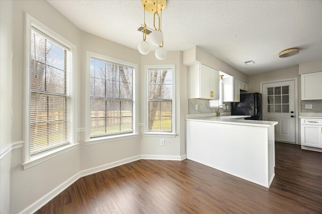 kitchen featuring dark wood-style floors, white cabinets, and freestanding refrigerator