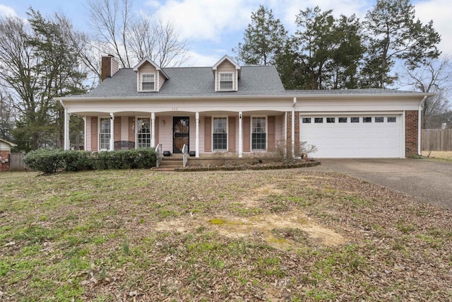 cape cod-style house featuring fence, covered porch, concrete driveway, a garage, and brick siding