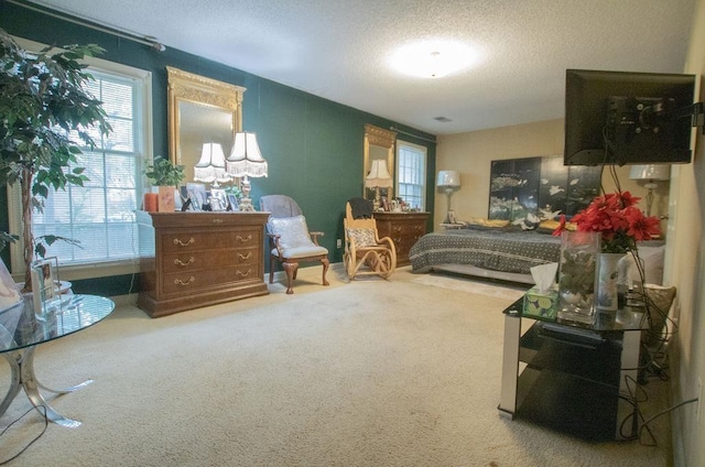 carpeted bedroom with a textured ceiling